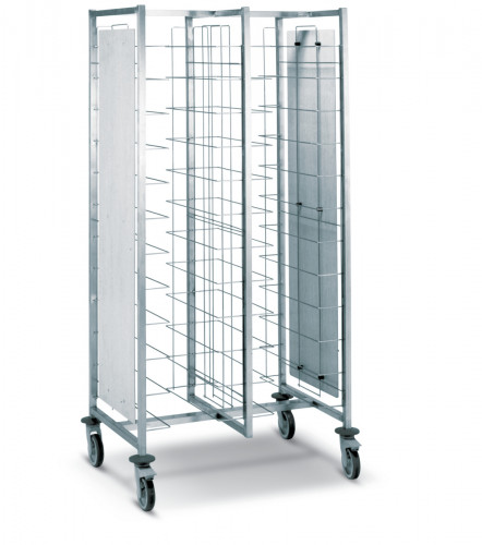 Chariot cafétéria beige inox 2 colonnes 12 plateaux entrée côte à côte Tournus